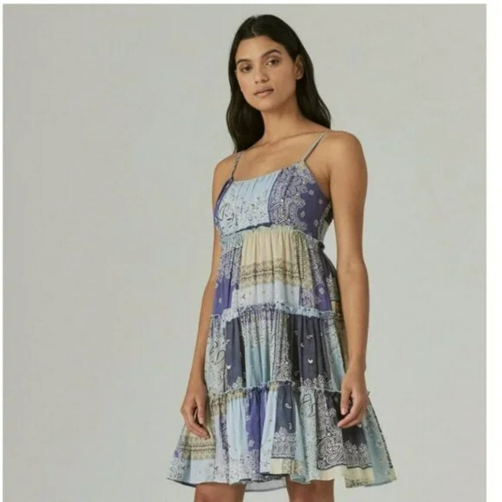 Lucky Brand Tiered Patchwork Mini Dress Indigo Spaghetti Straps Boho Size XL